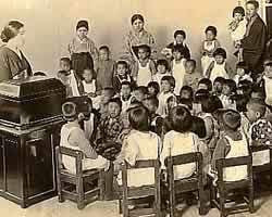 蓄音機で音楽を聞く子どもたち